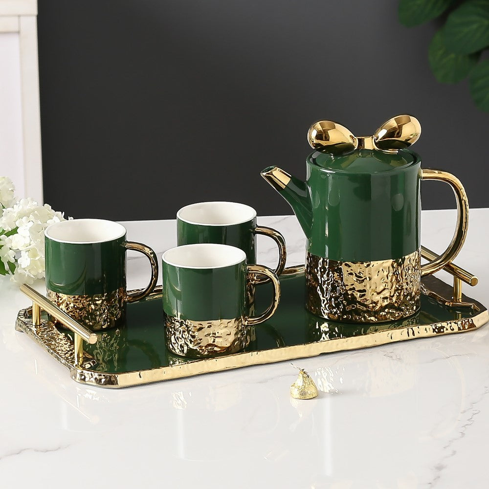 Tea Set 900 Ml + 250 Ml Set Of 6 Pcs - Dark Green + With Tray