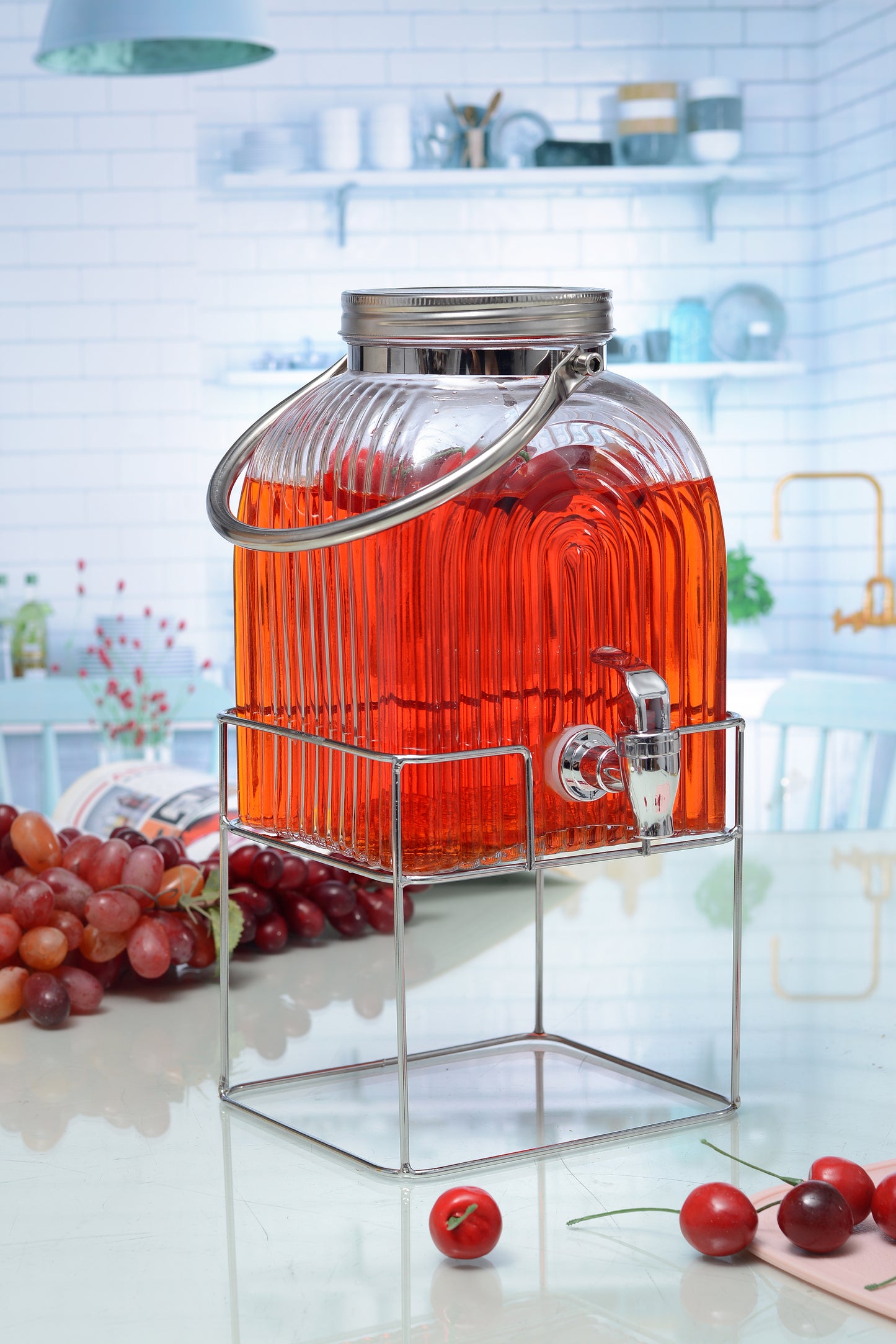 Alcazar 3L Glass Dispenser With Tap And Metal Stand – Set of 1 Pc