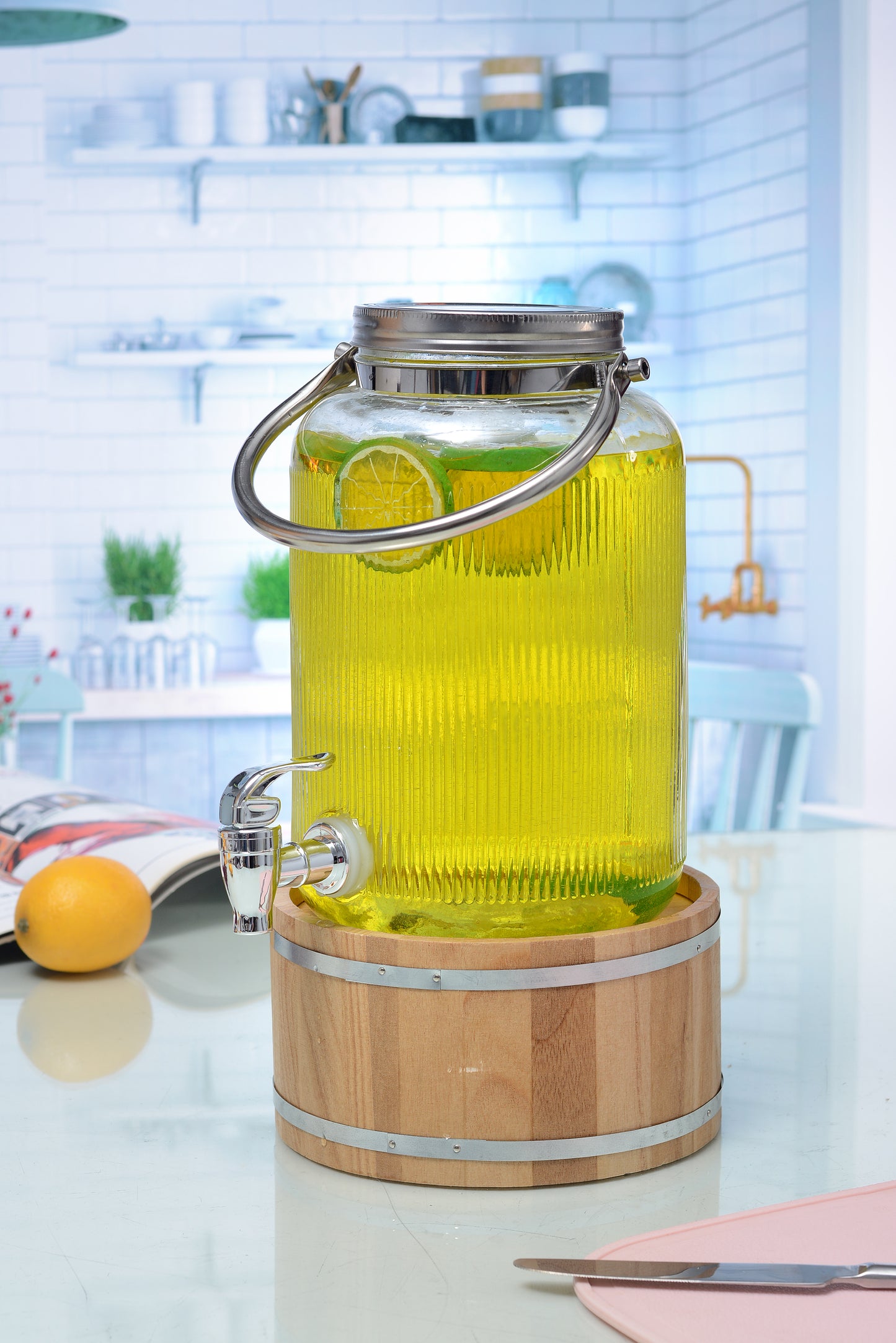 Vistara 4L Glass Dispenser With Tap And Wooden Stand – Set of 1 Pc