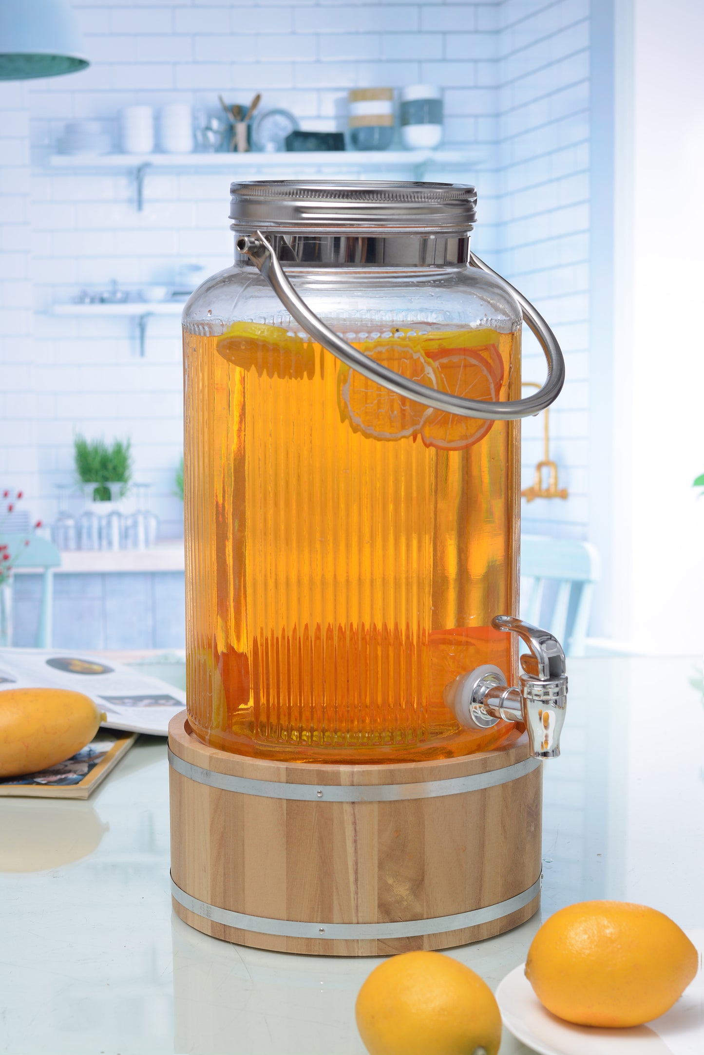 Vistara 6L Glass Dispenser With Tap And Wooden Stand – Set of 1 Pc