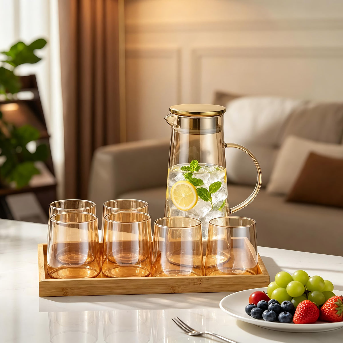 Manor Round Lemon Set - Set of 8 Pcs With Wooden Tray
