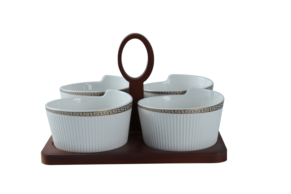 Bowl Set 4X10 Cm Set Of 4 Pcs With Bamboo Tray + Shine White