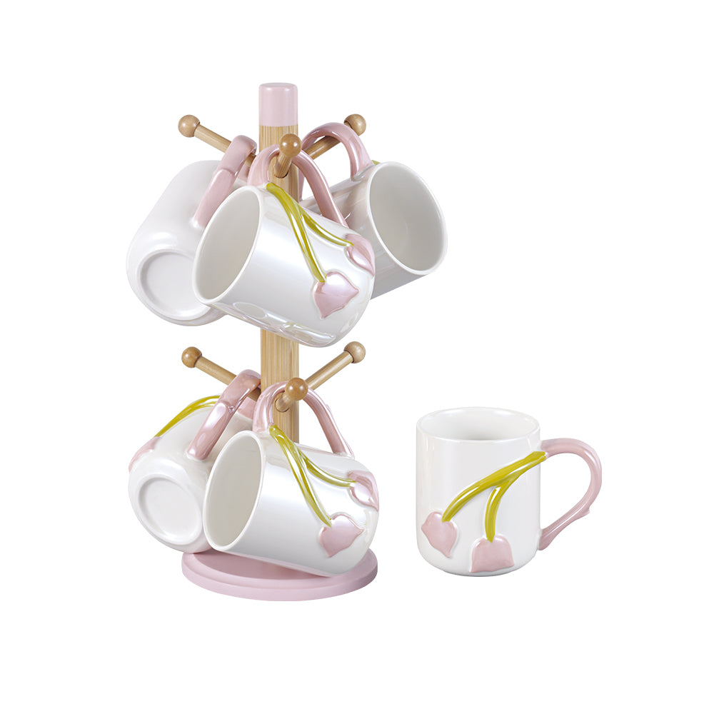 Jade 350 Ml Cup - Set Of 7 Pcs - Pink With Bamboo Base