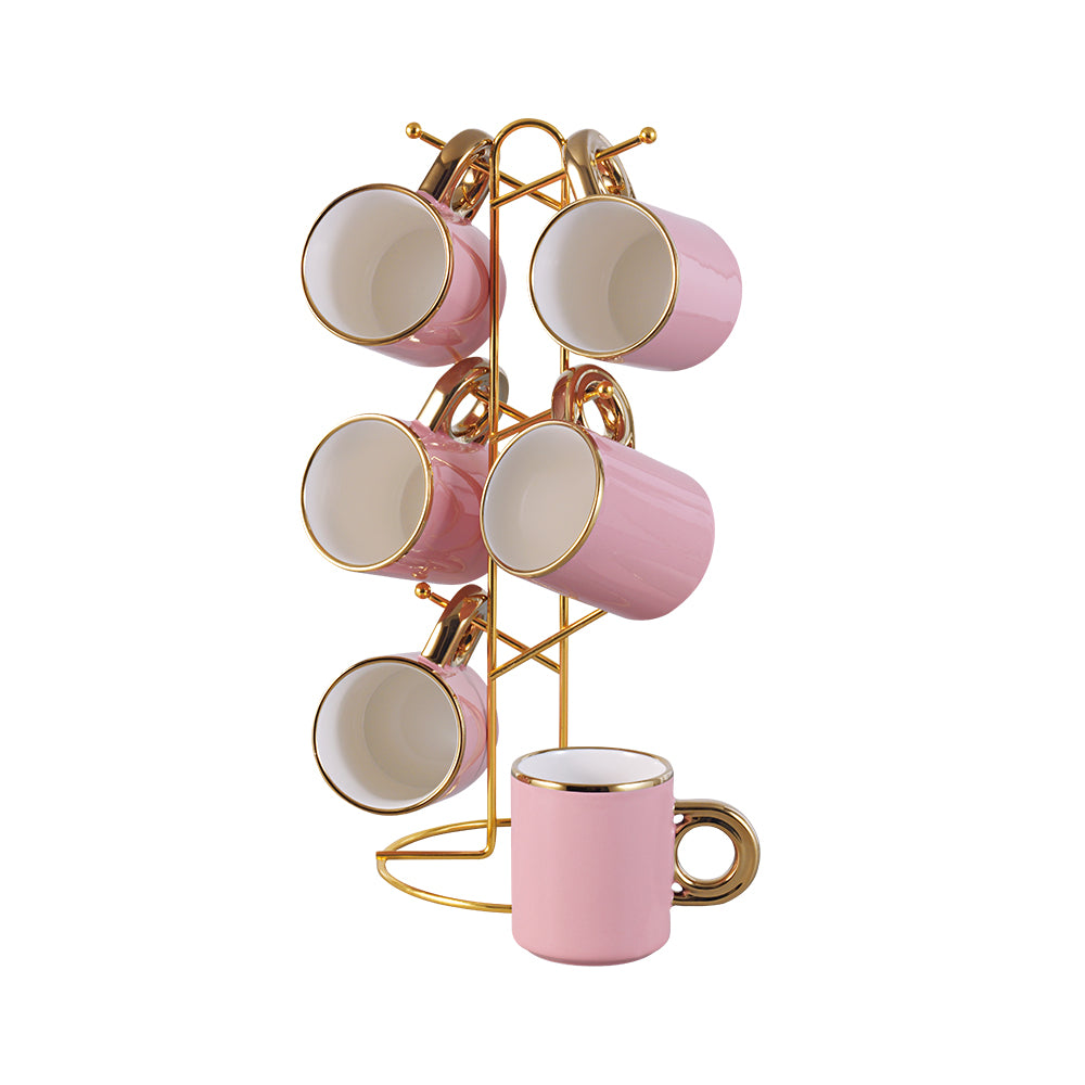 Rivera 340 Ml Mug - Set Of 7 Pcs - Pink With Gold Rim And Metal Stand