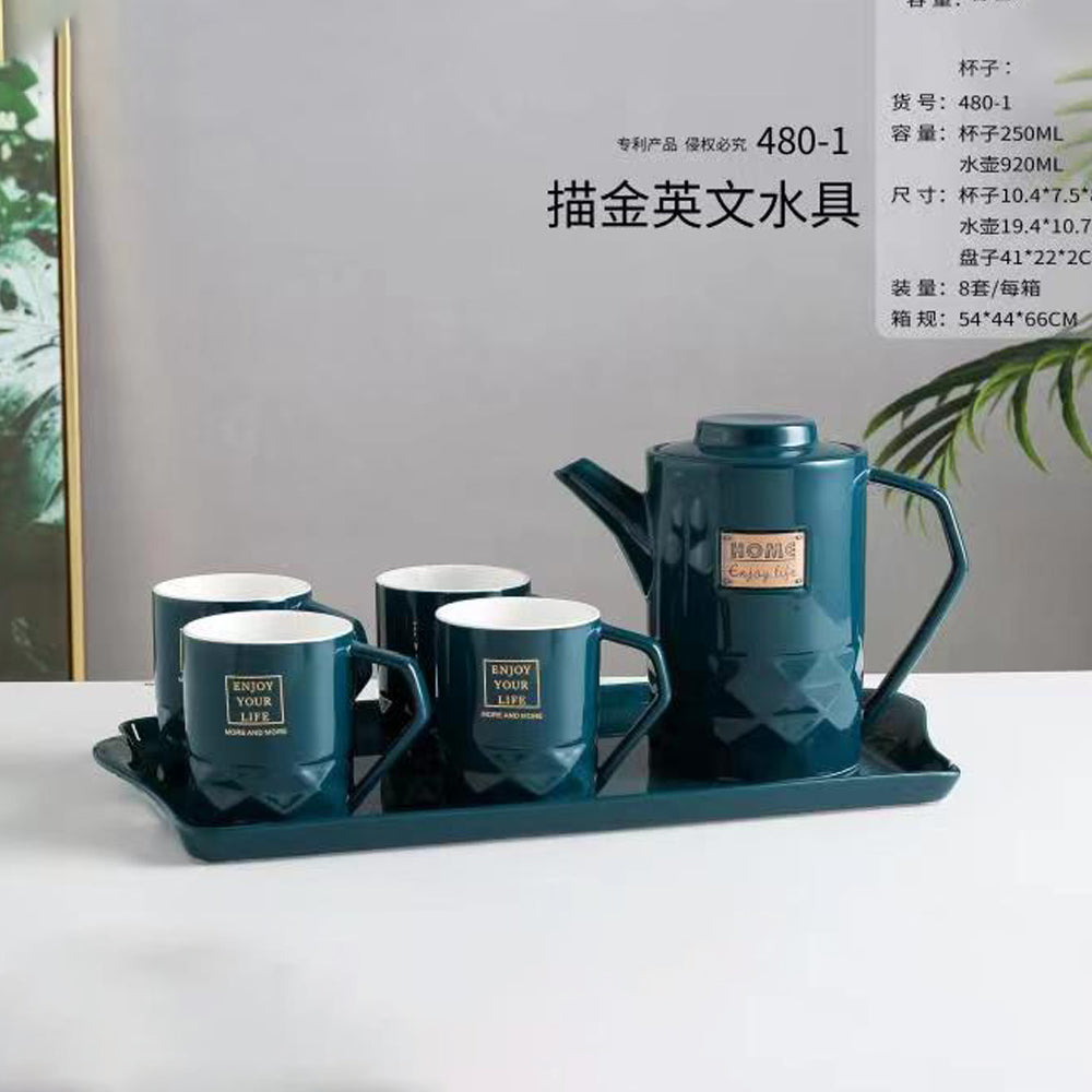 Tea Set 920ml Decanter + 4 Cups 250ml and 1 Tray Set of 6 Pcs - Dark Blue + With Tray