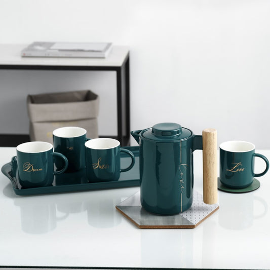 Tea Set - 930 Ml + 250 Ml Set Of 6 Pcs - Dark Green + With Tray