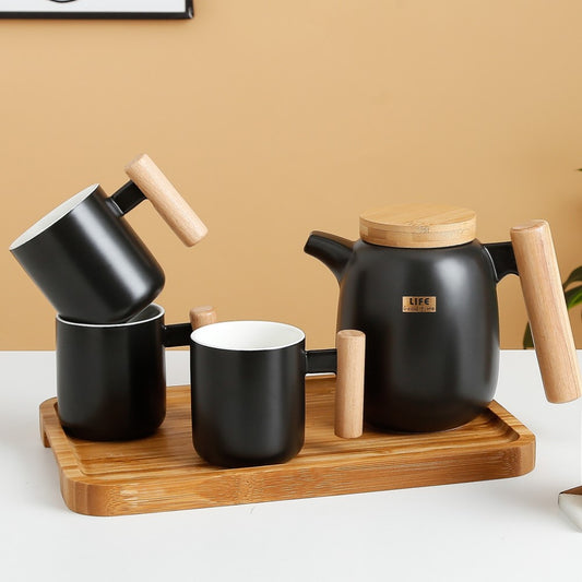 Tea Set - 950ml + 250ml Set Of 6 Pcs - Black With Wooden Handle