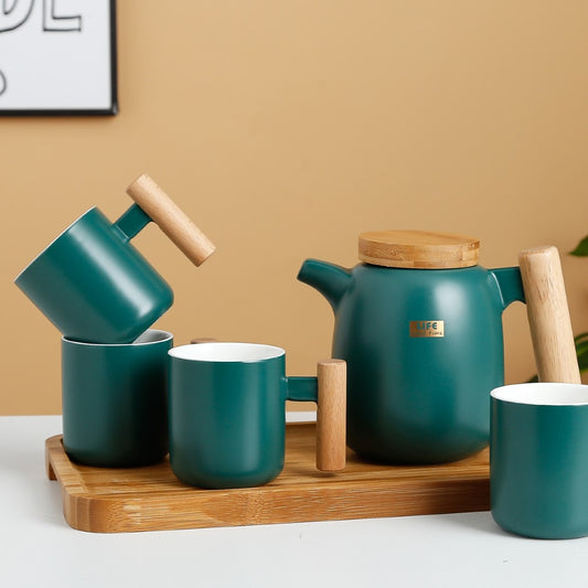 Tea Set - 950ml + 250ml Set Of 6 Pcs - Dark Green With Wooden Handle