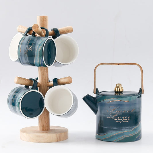 Tea Set 1X900 Ml + 6X200 Ml Set Of 8 Pcs - With Wooden Stand + Green