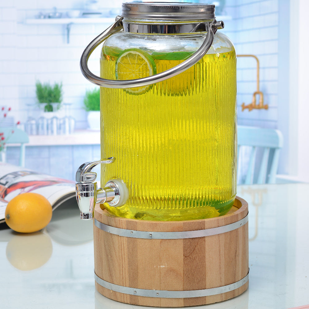 Vistara Glass Dispenser with Tap and Wooden Stand 4L – Set of 1 Pc