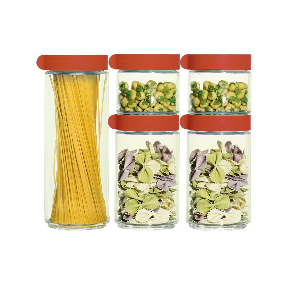 Manila Jar Set of 5 Pcs Red Lid – 1x1250 Ml + 2x750 Ml + 2x400 Ml