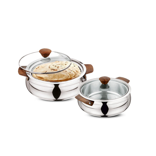 Acadia Double Wall Steel Casserole - With Lid (1x750 ml + 1x1250 ml) - Set of 2 Pcs