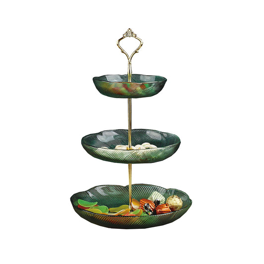 Green Textured Crystal Glass Cake Stand 23.5x4CM + 18.5x3.5CM + 14.3x3CM - 3 Layers