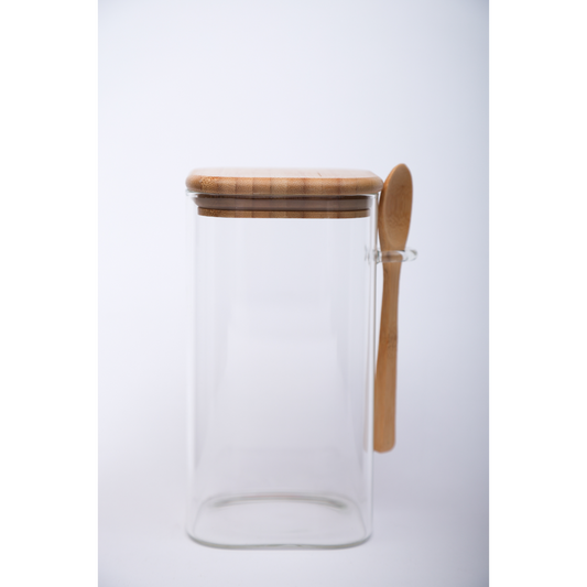 Sanjeev Kapoor - Delight Wooden Lid Borosilicate Square Jar With Spoon 1250 Ml - 1 Pc