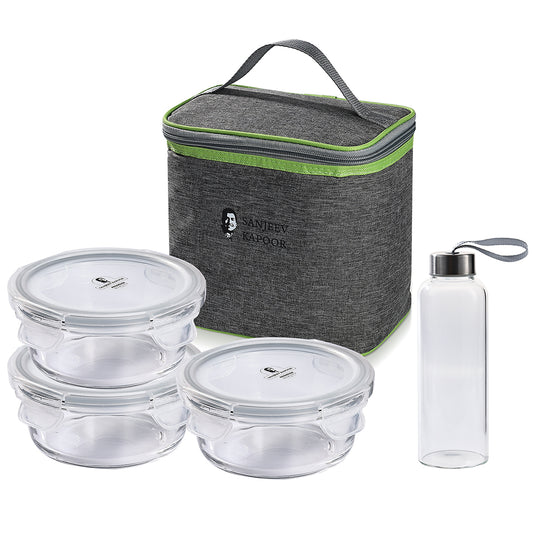 Delta Round Lunch Box 3x500 ML + Borosilicate Bottle 1x400 ML With Bag