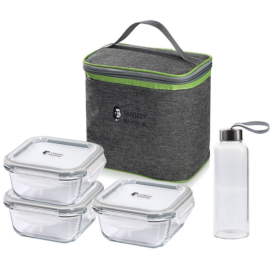 Kent Square Lunch Box 3x320 ML + Borosilicate Bottle 1x500 ML with Bag