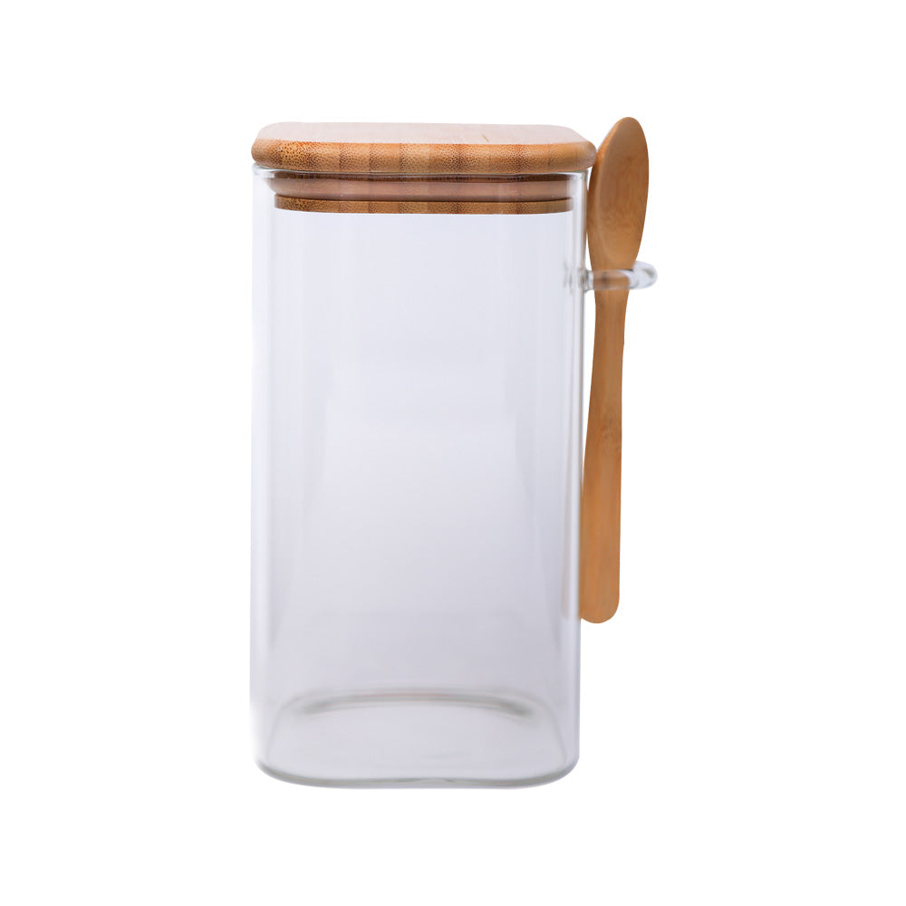 Sanjeev Kapoor - Delight Wooden Lid Borosilicate Square Jar With Spoon 1250 Ml - 1 Pc