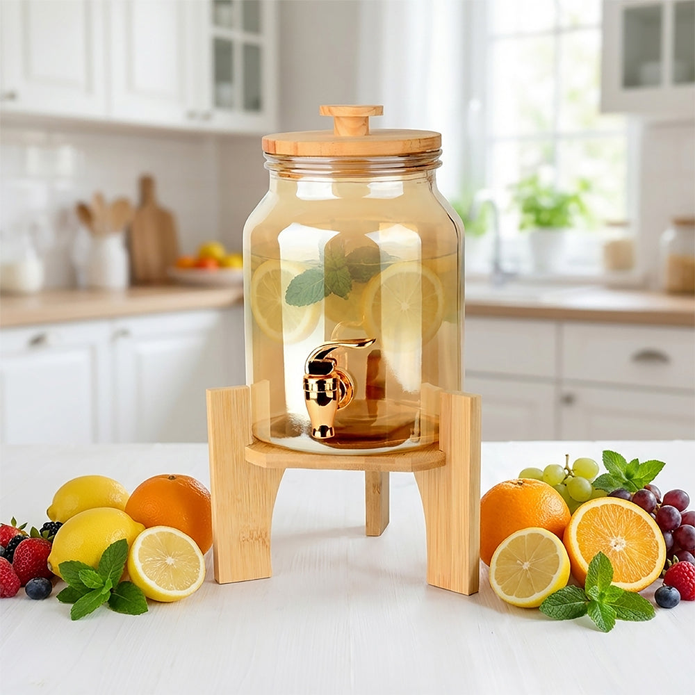 Velar Glass Dispenser with Tap and Wooden Stand 3L Amber Colour – Set of 1 Pc