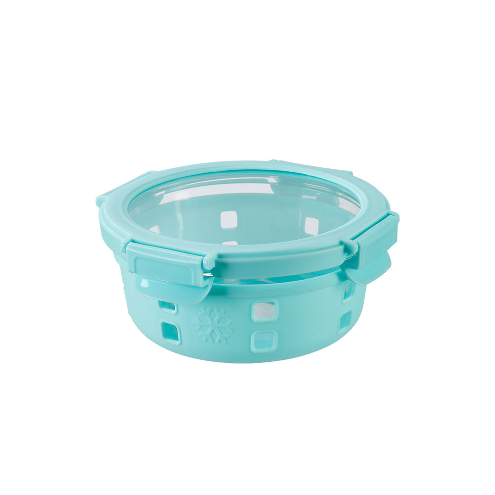 Anti Skid Lock and Lock Round High Borosilicate Glass Container - 400 Ml - Blue