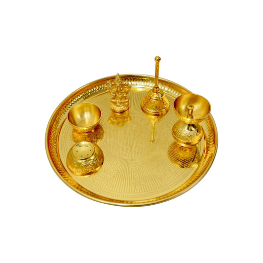 Om Pooja Thali Set Thali, Ghanti, Diya, Kumkum Katori, Agarbatti Holder, Ganesh Idol, 26 CM - Set of 6 Pcs - Gold