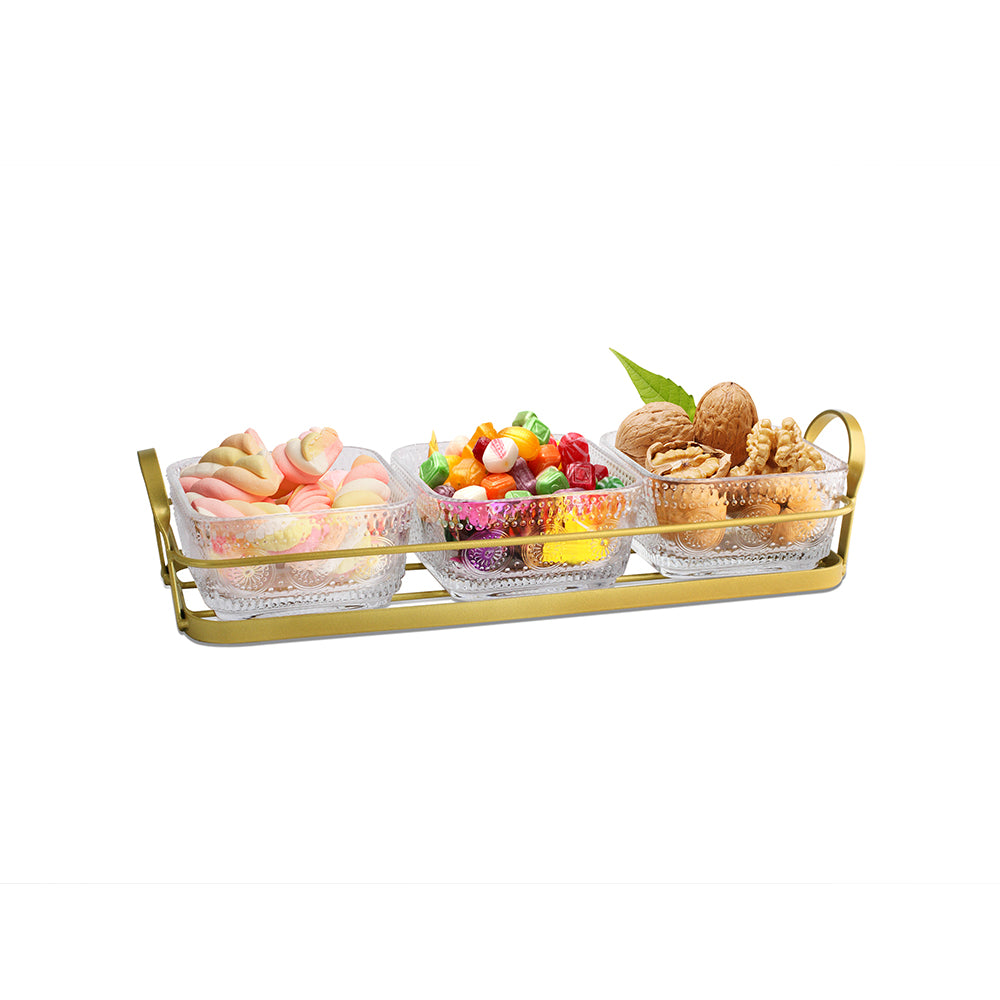 Soho Glass Bowl Snack Set 3x270 ml - Set Of 3 Pcs With Metal Stand