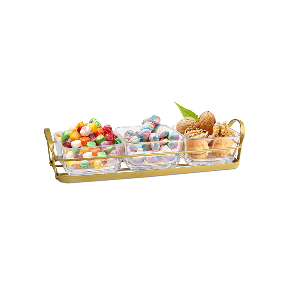 Daisy Glass Bowl Snack Set 3x270 ml - Set Of 3 Pcs With Metal Stand