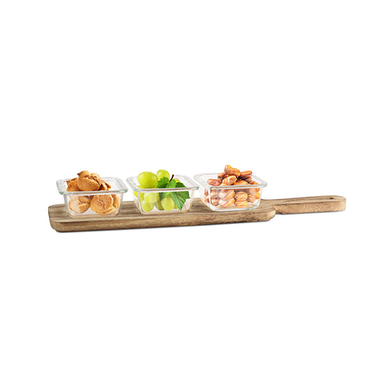 Yamasin - Aito Glass Bowl Snack Set 3x1300ml - Set Of 3 Pcs With Wooden Tray