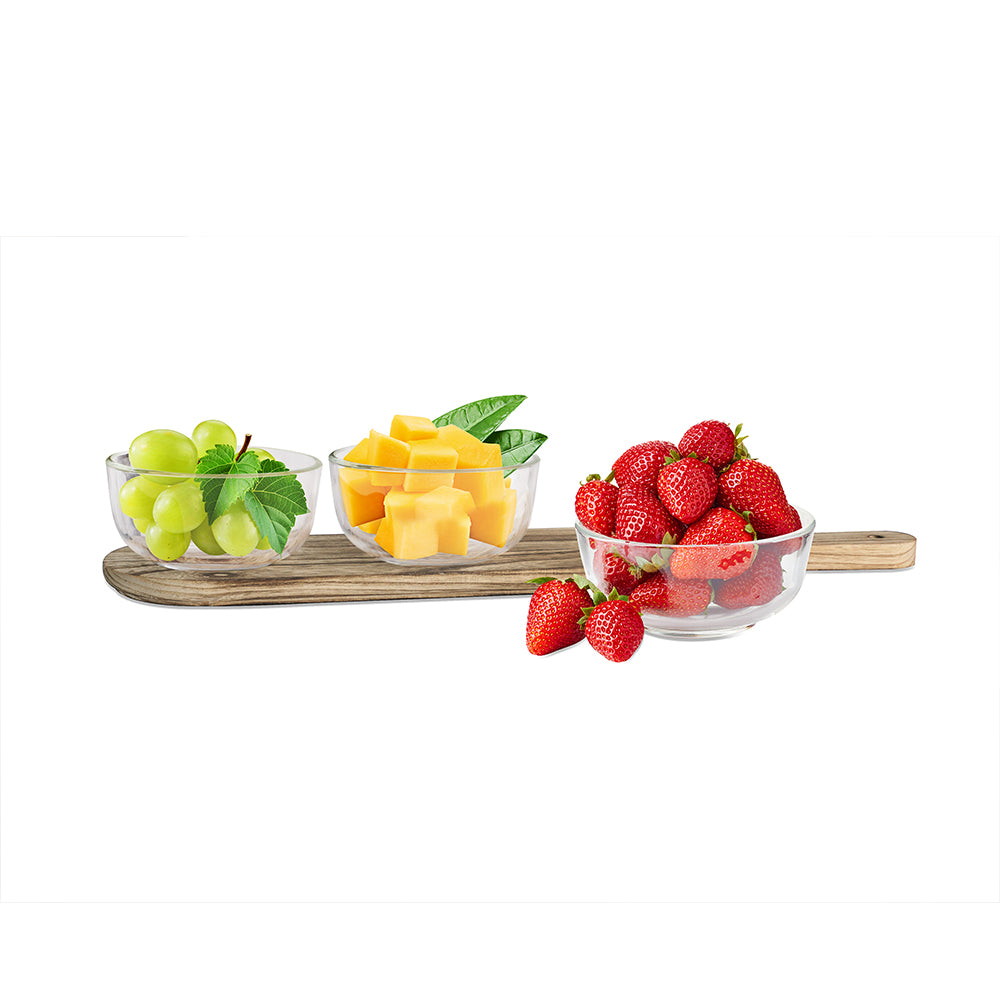 Yamasin - Toto Glass Bowl Snack Set 3x200ml - Set Of 3 Pcs With Wooden Tray