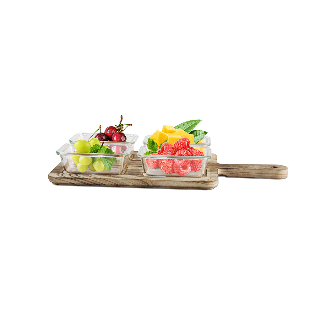 Yamasin - Kuki Glass Bowl Snack Set 4x190ml - Set Of 4 Pcs With Wooden Tray