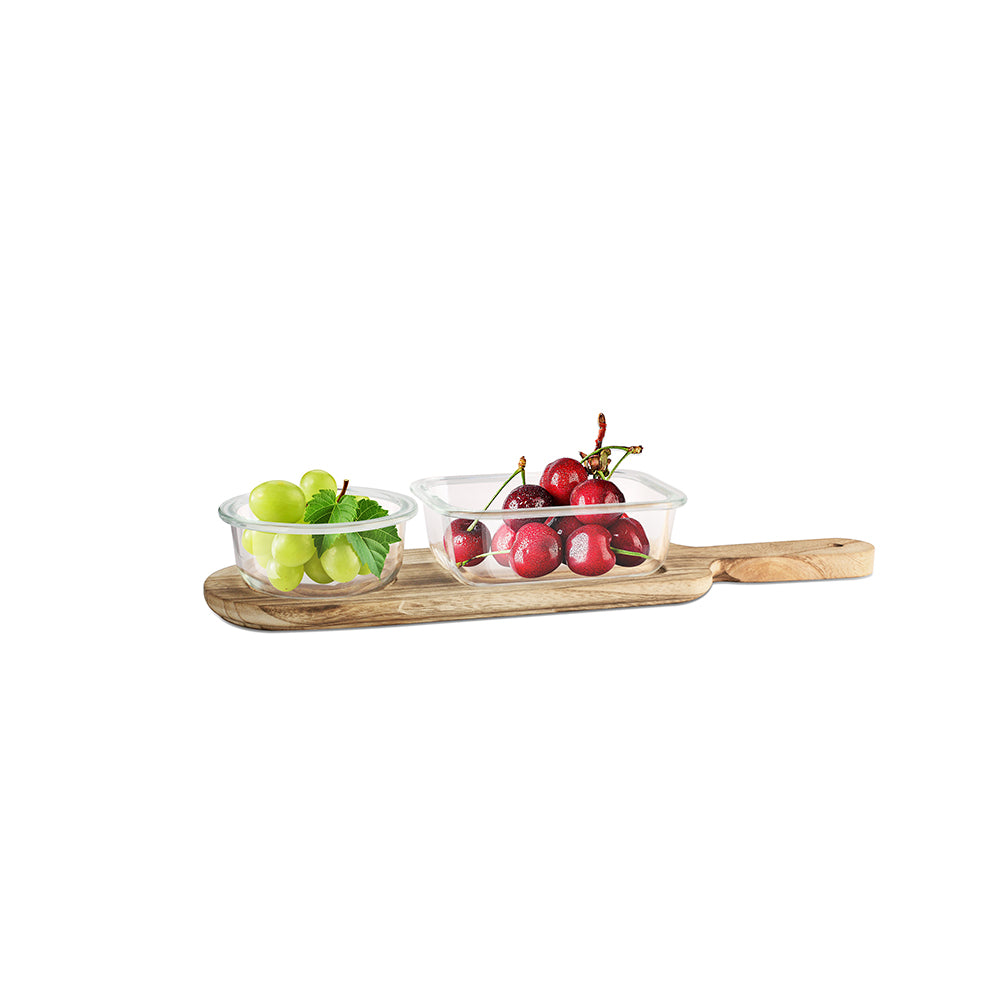 Limca Glass Bowl Snack Set 1x360ml + 1x200ml - Set of 2 Pcs with Wooden Tray