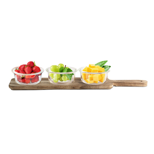 Paulo Glass Bowl Snack Set 3x200ml Set of 3 Pcs - With Wooden Tray