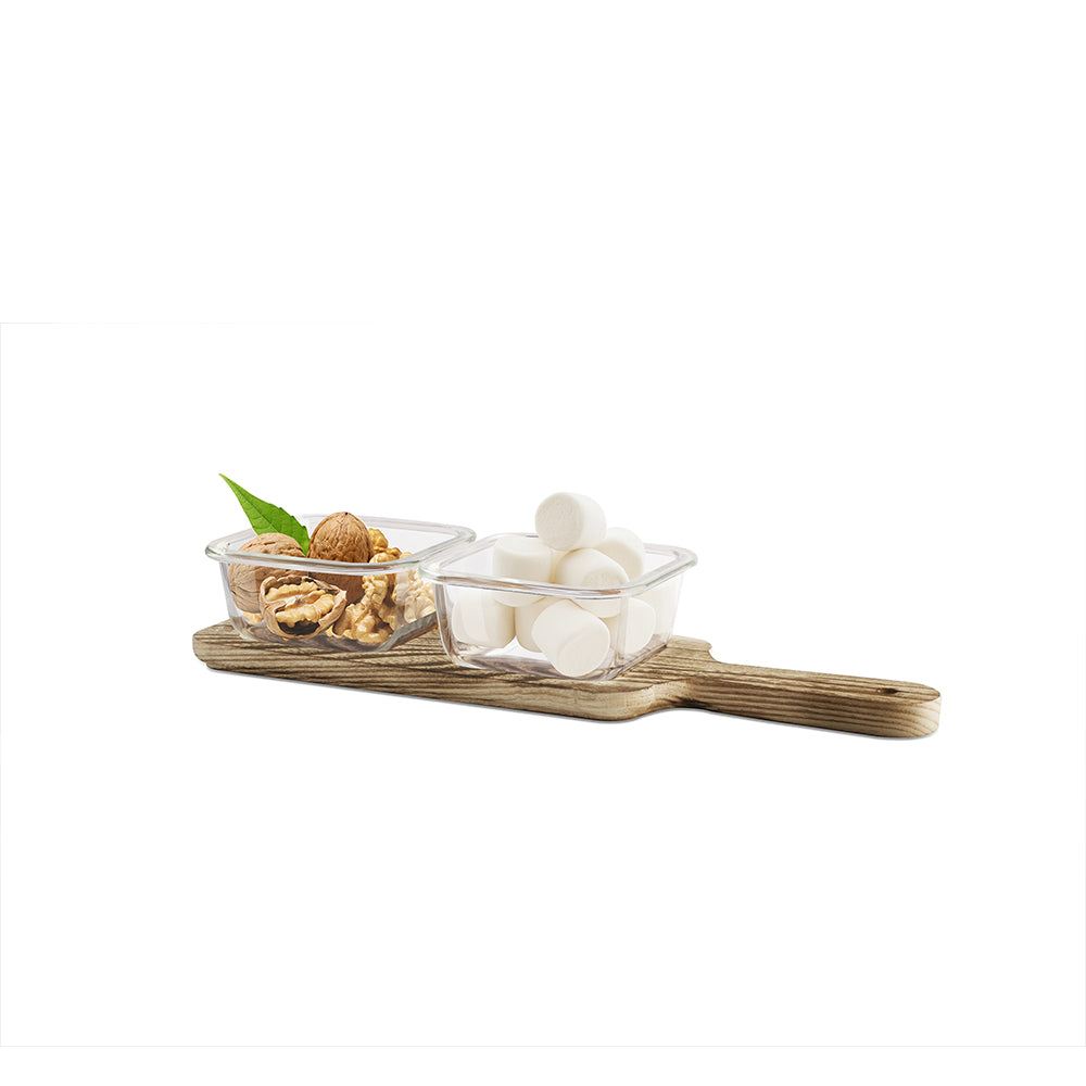 Slime Glass Bowl Snack Set 2x300 ml - Set of 2 Pcs with Wooden Tray