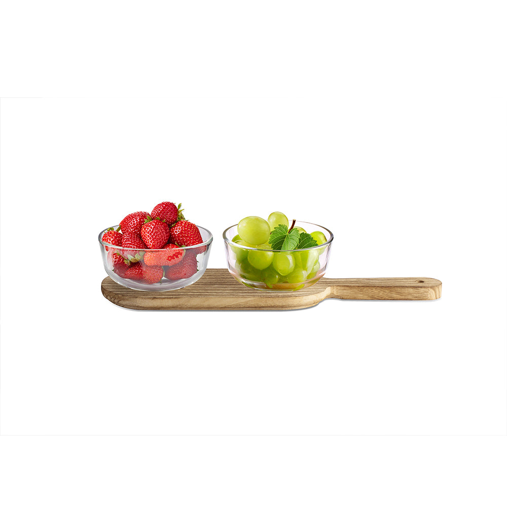 Yamasin - Zani Glass Bowl Snack Set 2x300ml - Set Of 2 Pcs With Wooden Tray