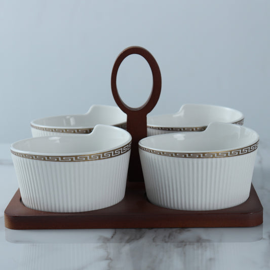 Versace Bowl Set 4X10 Cm Set Of 4 Pcs With Bamboo Tray + Shine White