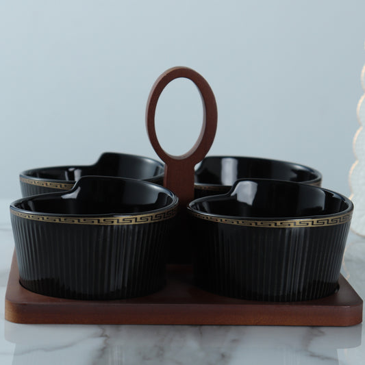 Versace Bowl Set 4X10 Cm Set Of 4 Pcs With Bamboo Tray + Shine Black