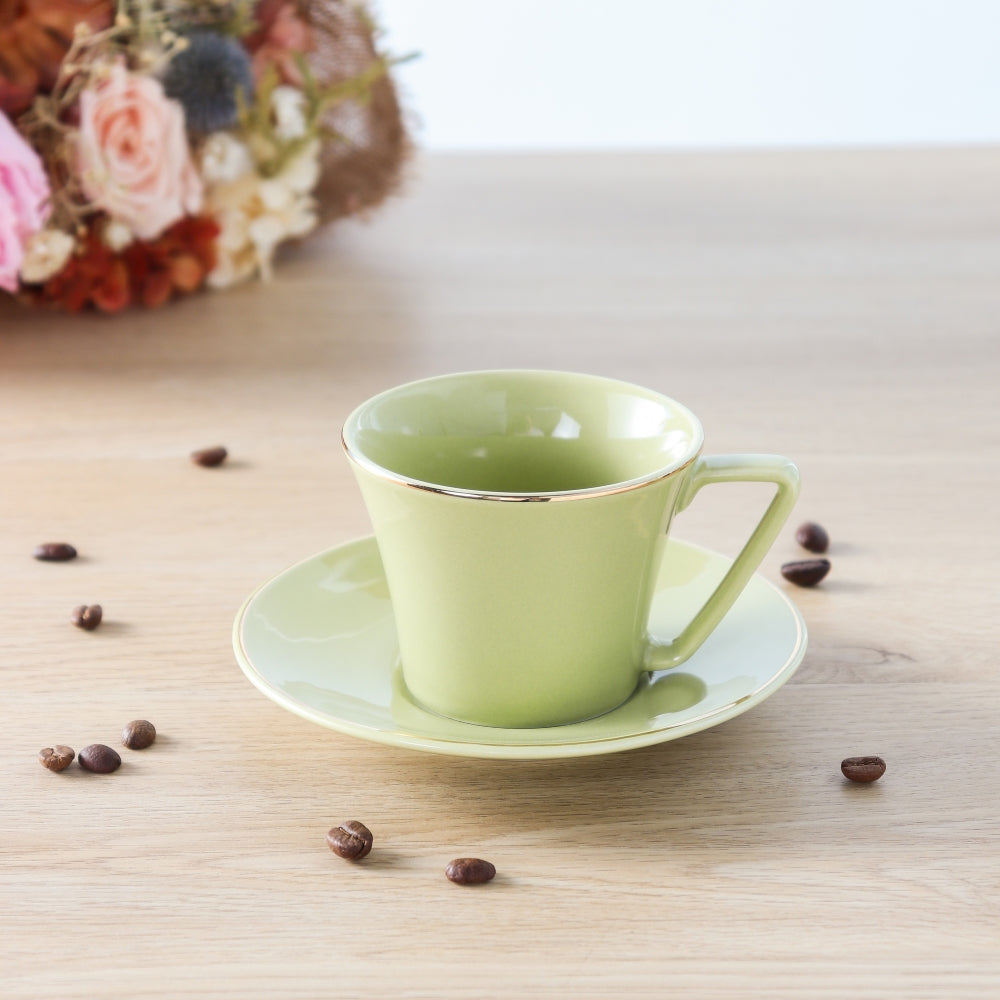 Cup And Saucer 160 Ml Set Of 6 Pcs With Gold Rim - Shine Green