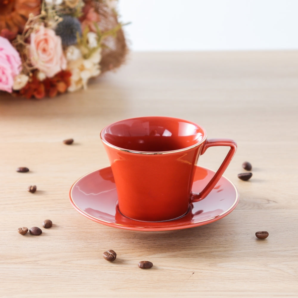 Cup And Saucer 160 Ml Set Of 6 Pcs With Gold Rim - Shine Red 160ml