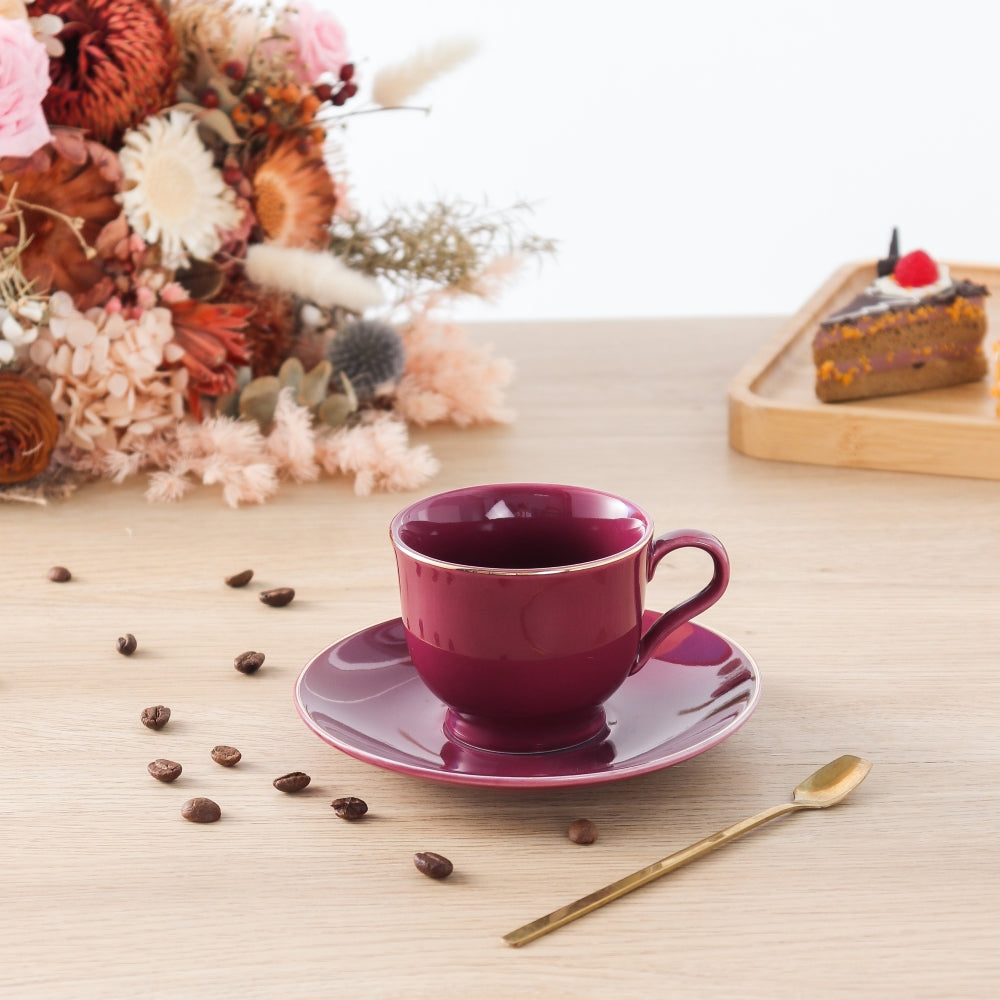 Cup And Saucer 160 Ml Set Of 6 Pcs With Gold Rim - Shine Burgundy