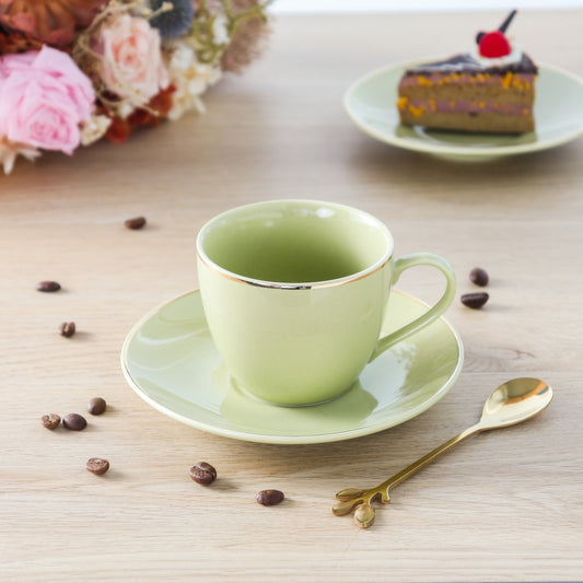 Cup And Saucer 160 Ml Set Of 6 Pcs With Gold Rim - Green