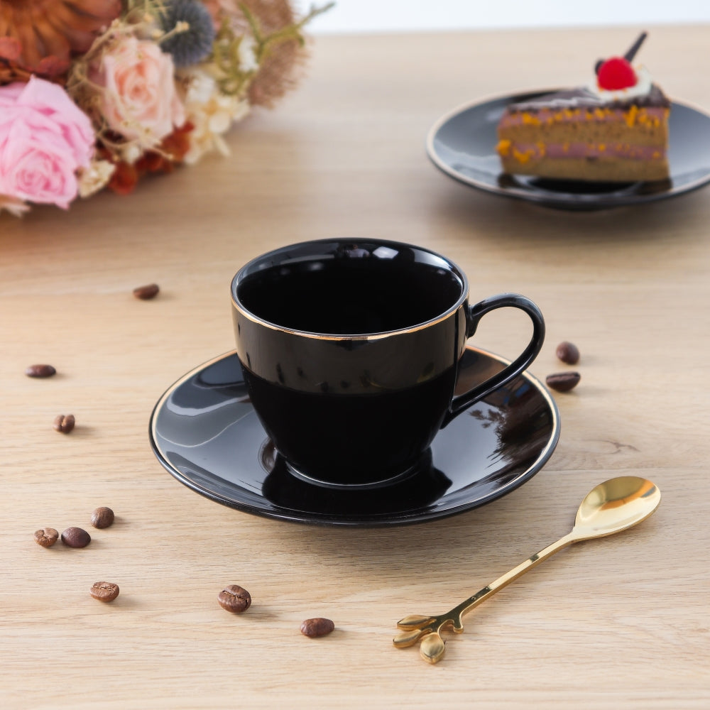 Cup And Saucer 160 Ml Set Of 6 Pcs With Gold Rim - Black