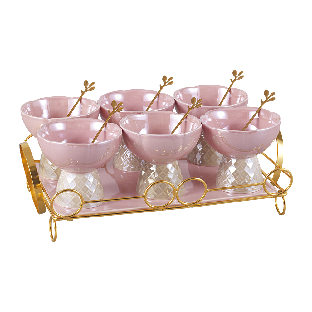 Bella 250 Ml Icecream Cup - Set Of 7 Pcs - Dark Pink With Stand