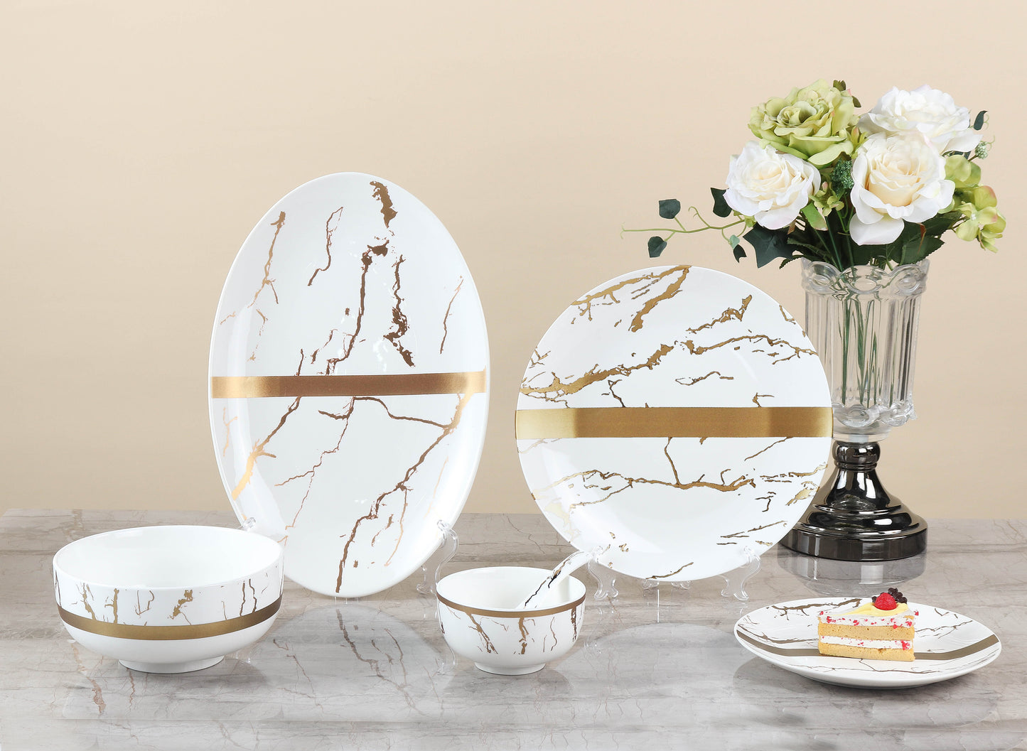 Dinner Set - Gold Collection Set of 33 Pcs - White + Matt Gold