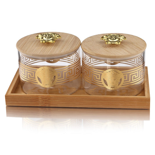 Borosilicate Airtight Jar 500 ML - Set of 2 Pcs with Gold Decal + Wooden Tray and Premium Knob