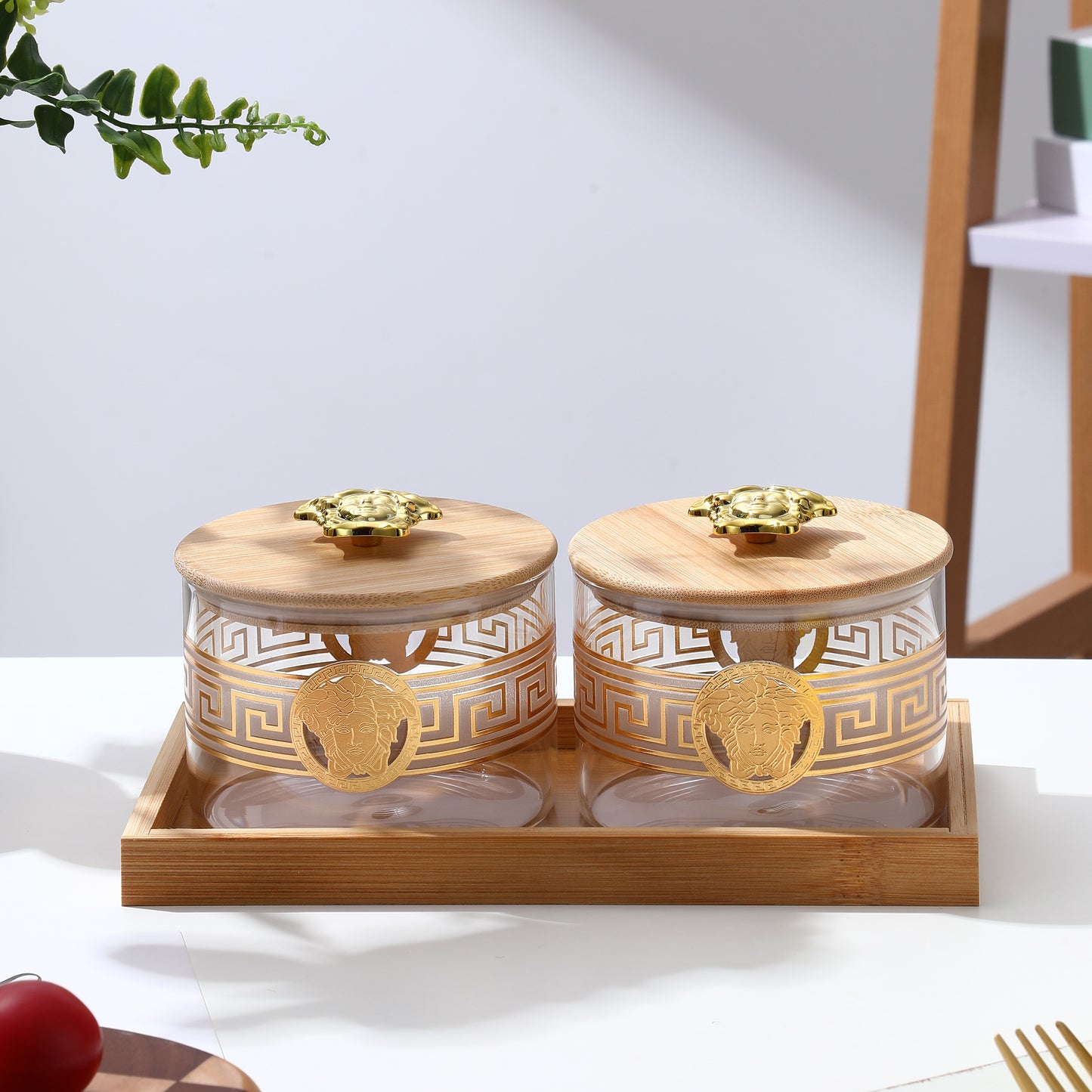 Borosilicate Airtight Jar 500 ML - Set of 2 Pcs with Gold Decal + Wooden Tray and Premium Knob