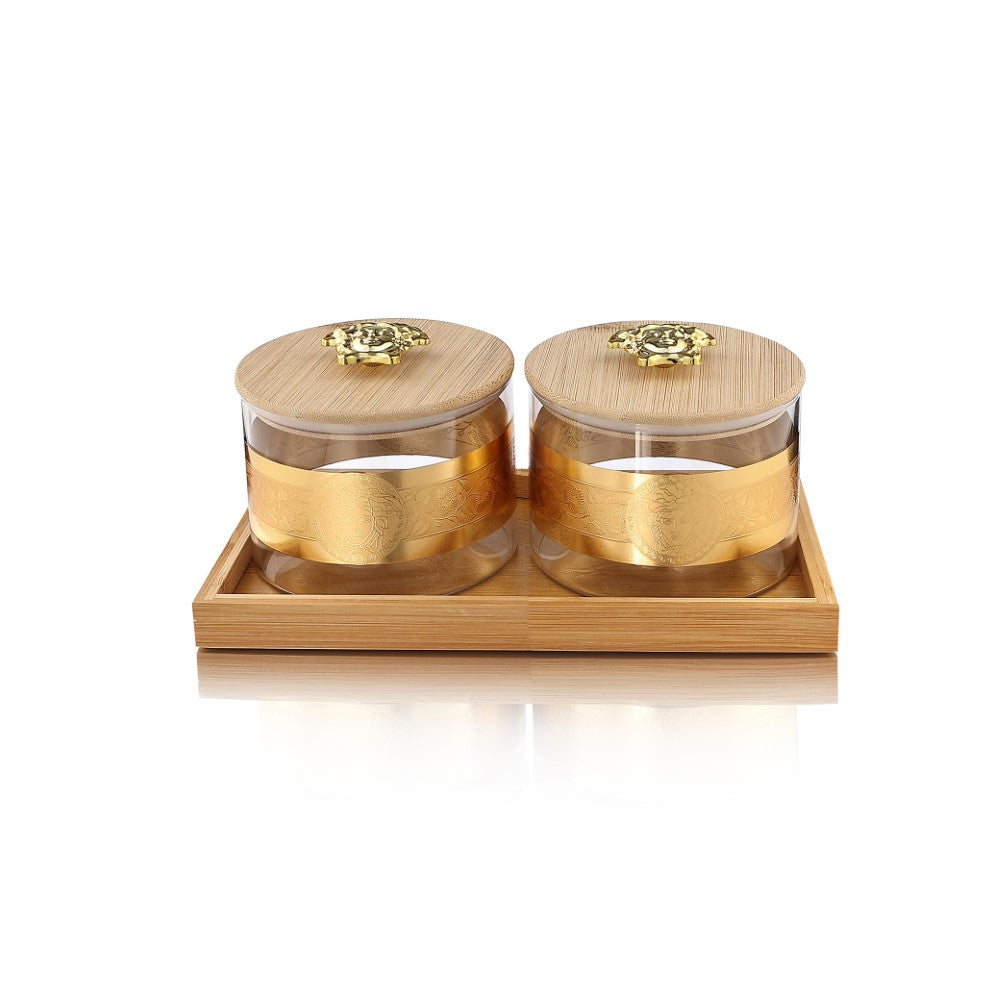 Borosilicate Airtight Jar 500 ml - Set of 2 Pcs with Gold Decal + Wooden Tray and Premium Knob