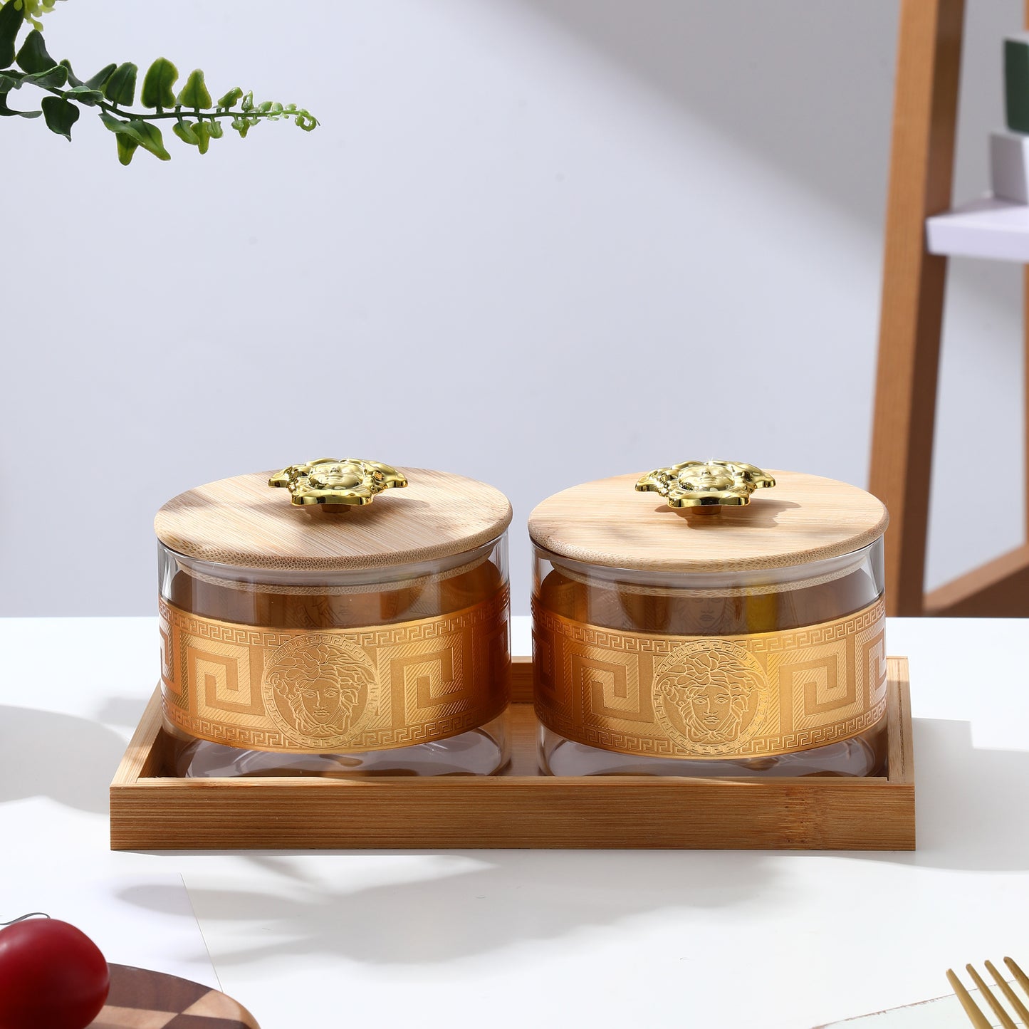 Borosilicate Airtight Jar 500 ml - Set of 2 Pcs with Gold Decal + Wooden Tray and Premium Knob