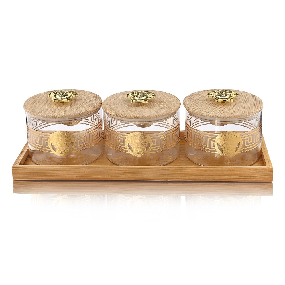 Borosilicate Airtight Jar 500 ML - Set of 3 Pcs with Gold Decal + Wooden Tray and Premium Knob