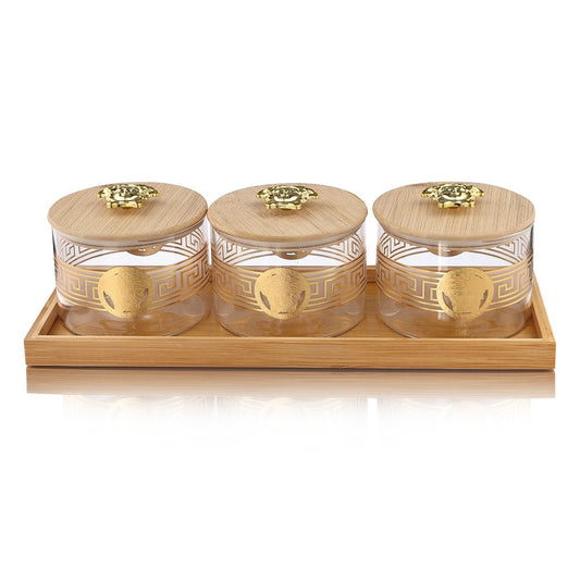 Borosilicate Airtight Jar 500 ML - Set of 3 Pcs with Gold Decal + Wooden Tray and Premium Knob