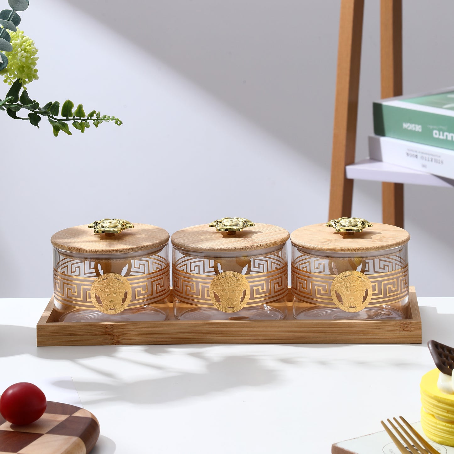 Borosilicate Airtight Jar 500 ML - Set of 3 Pcs with Gold Decal + Wooden Tray and Premium Knob