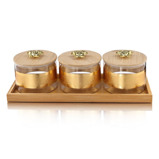 Borosilicate Airtight Jar 500 ml - Set of 3 Pcs with Gold Decal + Wooden Tray and Premium Knob